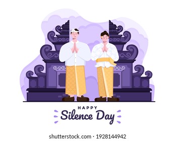 Illustration of Happy day of silence and Hindu saka new year 1943 in indonesian selamat hari raya nyepi dan tahun baru saka hindu 1943. Bali people wear traditional outfit. Galungan,Kuningan tradition