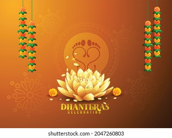 illustration of Happy Dhanteras, Biggest Offer, Sale with Gold coins in pot, Golden kalash, Laxmi footprint