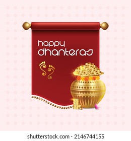 illustration of Happy Dhanteras festival with Gold coins in gold pot