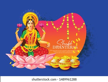 ilustración de la moneda de oro de Feliz Dhanteras en una olla para la celebración de Dhantera con maa lakshmi