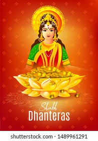 illustration of Happy Dhanteras Gold coin in pot for Dhantera celebration with  maa lakshmi