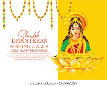 illustration of Happy Dhanteras Gold coin in pot for Dhantera celebration with  maa lakshmi