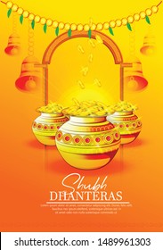 illustration of Happy Dhanteras Gold coin in pot for Dhantera celebration with  maa lakshmi