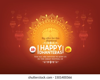 illustration of happy Dhanteras Gold coin in pot for Dhantera celebration