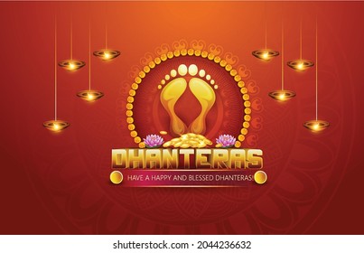 illustration of Happy Dhanteras  with Gold coin in pot, Golden kalash, Laxmi footprint 