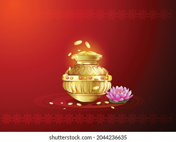 ilustración de Happy Dhanteras con una moneda de oro en la olla, Golden kalash, Laxmi huella 