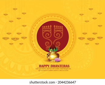 illustration of Happy Dhanteras  with Gold coin in pot, Golden kalash, Laxmi footprint 