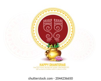 ilustración de Happy Dhanteras con una moneda de oro en la olla, Golden kalash, Laxmi huella 