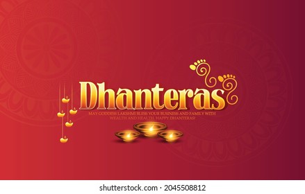 illustration of Happy Dhanteras  with Gold coin in pot, Golden kalash, Laxmi footprint 