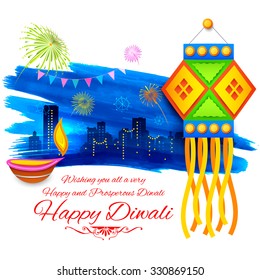 illustration of Happy Diwali background with colorful kandil on city backdrop