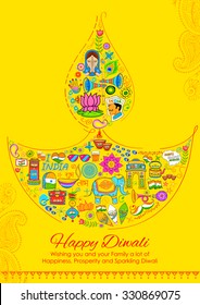 illustration of Happy Diwali background with India related things in diya shape