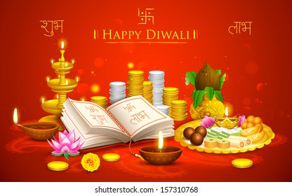 illustration of Happy Diwali background with puja thali