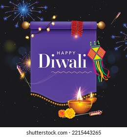 Ilustración de Feliz Diwali quemando diya, volando cohetes, fuegos artificiales, petardos, linternas colgantes 