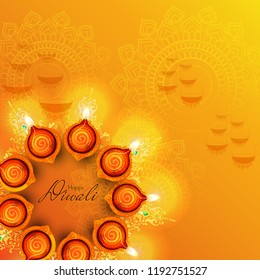 illustration of Happy Diwali, illuminated oil lamps on blurred glossy background for  shubh Diwali or Deepawali with creative illustration, greeting card design