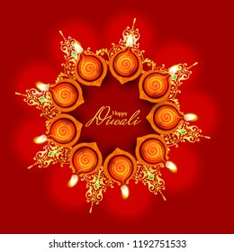 illustration of Happy Diwali, illuminated oil lamps on blurred glossy background for  shubh Diwali or Deepawali with creative illustration, greeting card design