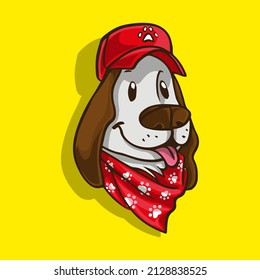 illustration of happy dog and big ears with red bandana and cap with paws and green stripe for texts with blue background