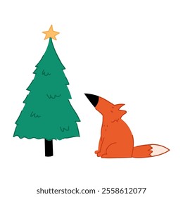 An illustration of a happy doodle fox looking at the Christmas tree. Cute forest animal.