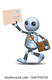illustration of a happy droid little robot delivering envelope mail on isolated white background