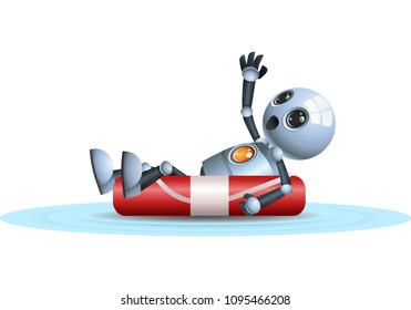 illustration of a happy droid little robot floating on life buoy on isolated white background