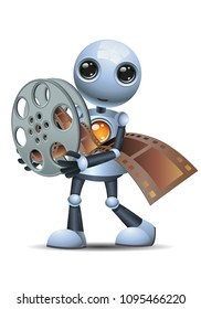 illustration of a happy droid little robot hold movie reel on isolated white background
