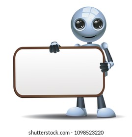 illustration of a happy droid little robot hold blank sign board on isolated white background