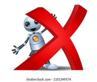 illustration of a happy droid little robot hold cross symbol on isolated white background