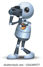 illustration of a happy droid little robot hold camera on isolated white background