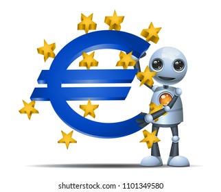 illustration of a happy droid little robot hold euro symbol on isolated white background