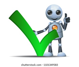 illustration of a happy droid little robot hold check symbol on isolated white background