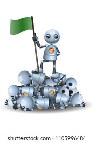 illustration of a happy droid little robot hold flag on top of pile of other robots on isolated white background