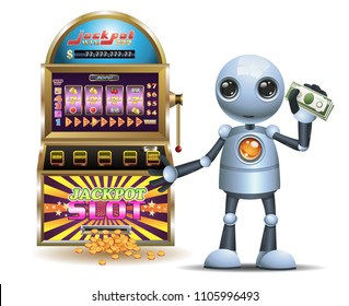 illustration of a happy droid little robot hold a lot of money from gambling on isolated white background