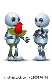 illustration of a happy droid little robot giving rose to his mate on isolated white background