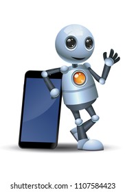 Illustration Of A Happy Droid Little Robot Lean Back On Mobile Phone On Isolated White Background