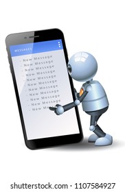 Illustration Of A Happy Droid Little Robot Hold Mobile Phone Checking Messages On Isolated White Background