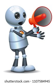 illustration of a happy droid little robot hold megaphone on isolated white background