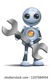 illustration of a happy droid little robot hold mechanic tool wrench on isolated white background