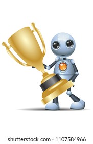 illustration of a happy droid little robot hold golden winning trophy on isolated white background