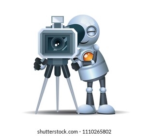 illustration of a happy droid little robot hold movie cam corder to make film on isolated white background