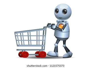 illustration of a happy droid little robot push shopping cart on isolated white background