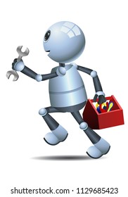 illustration of a happy droid little robot  mechanic running on isolated white background