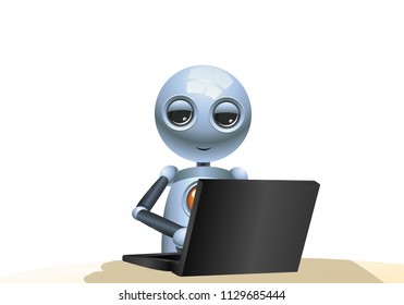 illustration of a happy droid little robot playing computer on isolated white background