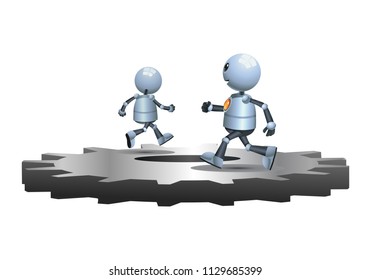 illustration of a happy droid little robots chasing on gears on isolated white background