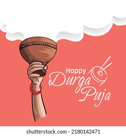 illustration of Happy Durga Puja background. Traditional Bengali Durga Puja Dhunuchi Dance. Equipment of indian puja festival.
