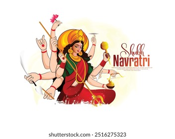 Ilustración de Happy Durga Puja, Shubh Navratri Diosa Durga celebrando Navratri, mostrando su poder divino y bendiciones.