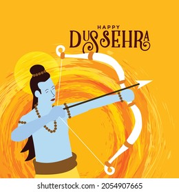 Illustration of Happy Dussehra. In the Poster, God Ram holds Arrow in the Bow. Colorful Background.