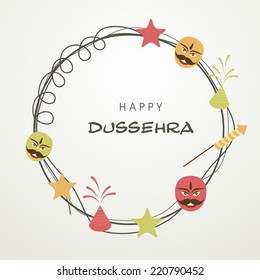 Illustration of Happy Dussehra text in a frame surrounded by funny faces; stars and fireworks.
