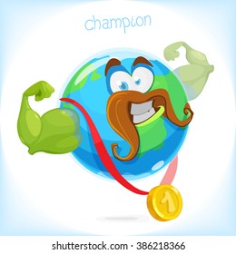 Illustration of a happy earth mascot champion with a gold medal