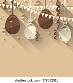 Illustration Happy Easter Background with Chocolate Eggs and Serpentine, Trendy Flat Style with Long Shadows - Vector