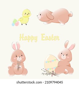 illustration with happy easter bunnies