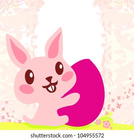 Illustration of happy Easter bunny carrying egg